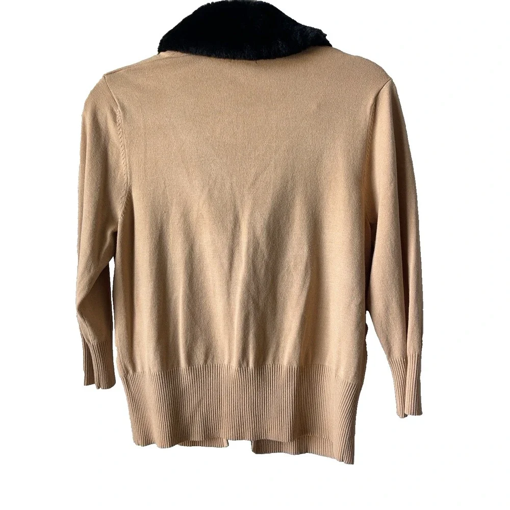 Camel Black Faux Fur Collar Cardigan Rhinestone Clasp Sweater Jacket L